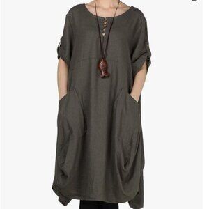 LaovanIn Plus Size Linen Blend Tunic Midi Dress with Pockets – Green